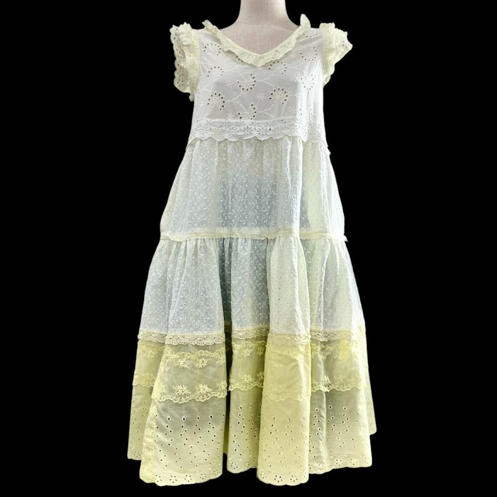 Pale yellow Upcycled shabby chic eyelet Boho Prairie dress with 3 tiers, size M